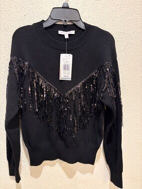 Black Sequin Fringe Crewneck Sweater by honey & sparkle